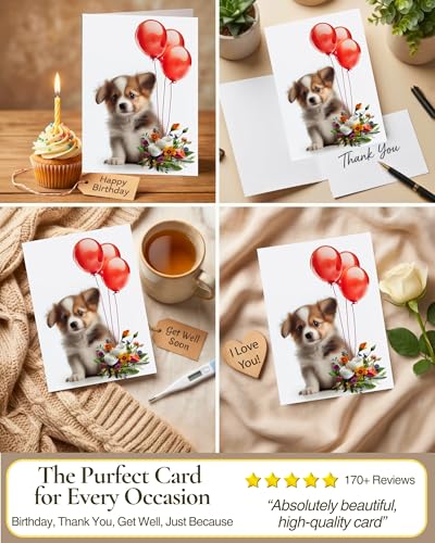 Puppy with Red Balloons and Flowers All Occasions Greeting Card from Unique Dogs Party Delights Collection Large 5x7 Inch Blank Inside with Envelope | 5x7 Inch Card, Blank Inside, Premium Silk Cardstock, Made in USA by USA-Based Pet Friendly Small Busines