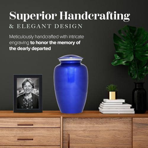 Eternal Harmony Large Urn for Ashes, Adult Male & Female Cremation Vase for Human Ashes, Secure Seal & Velvet Bag, Funeral Vase for Men & Women Up to 200 lbs, 7x11” (Large, C Blue)