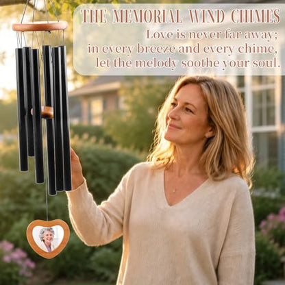 Personalized Photo Memorial Wind Chimes for Loss of Loved One Sympathy Gift | Add Your Loved One's Photo - 32" Bereavement Condolence Remembrance Funeral Gifts for Grieving Friends Loss of Mother Father - color: Wooden Frame