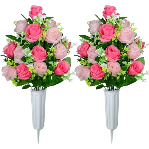 XONOR Artificial Cemetery Flowers, Set of 2 Artificial Rose Bouquet Graveyard Memorial Flowers with Vase for Cemetery Headstones Decoration (Pink-2Pcs) - color: Pink-2pcs