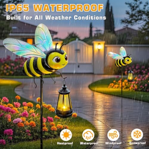 Solar Garden Light Outdoor, Waterproof Metal Bee Stake with Lantern 2 Pack | Solar Bee Lantern with Warm Glow, Waterproof Metal Yard Art for Garden, Patio and Lawn, Gift for Women and Mom - color: Bee 2 pack