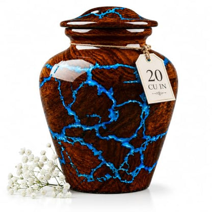 Small Cremation Urn for Human Ashes Adult - Keepsake Memorial & Funeral Urn for Mom, Dad | Premium Mini Rosewood Urn - Blue Resin Inlay | Sharing Urn for Men & Women, Pet Urn for Dog & cat - 20 CU/in - size: SMALL 20 Cu