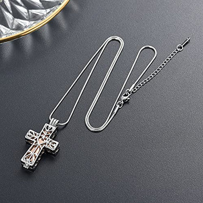 Crystal Cross Necklace for Ashes Stainless Steel Keepsake Cremation Jewelry Religious Cross Memorial Urn Necklace for Pet Human Ashes Gifts - color: S-Rosegold