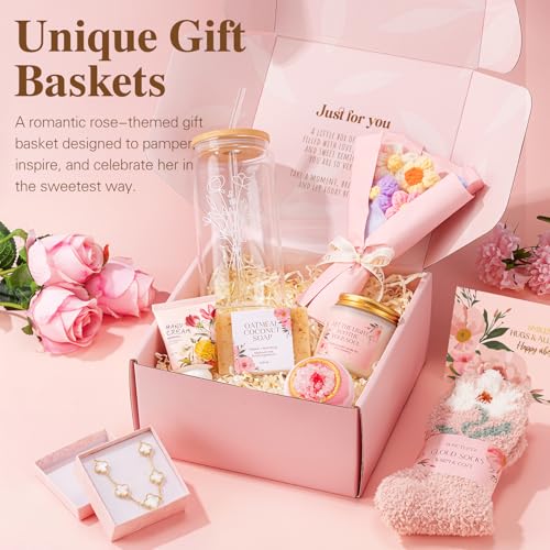 Gifts for Women, 9pcs Happy Birthday Gifts for Women, Christmas Ideas Mothers Day Gift Baskets Unique Rose Self Care Set Valentines Day Gift for Her Mom Sister Wife Friend Friendship Teacher - color: Pink