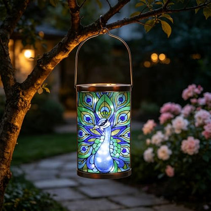 MUMTOP Peacock Glass Solar Lantern Waterproof Outdoor Hanging Garden Light - color: Teal
