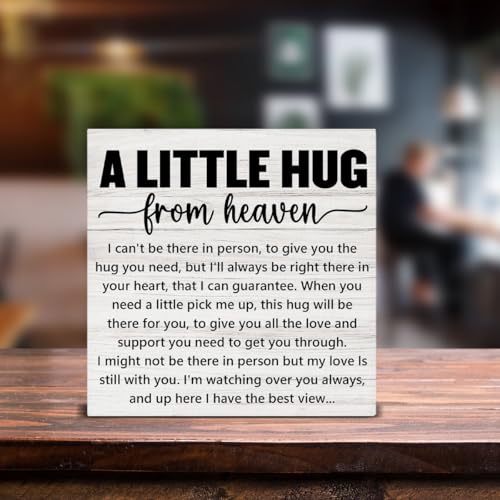 Sympathy Gifts Memorial Gifts for Loss of Mom Dad, Grieving Gift a Little Hug from Heaven Wood Sign Decoration for Home Living Room Bedroom Desk Shelf Table 5 X 5 Inch