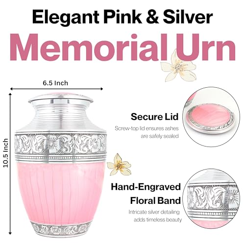 Alpha Living Home Cremation Urn for Human Ashes, 200+ cu in, Pink Silver - color: Pastel Silver, size: Hand Engraved