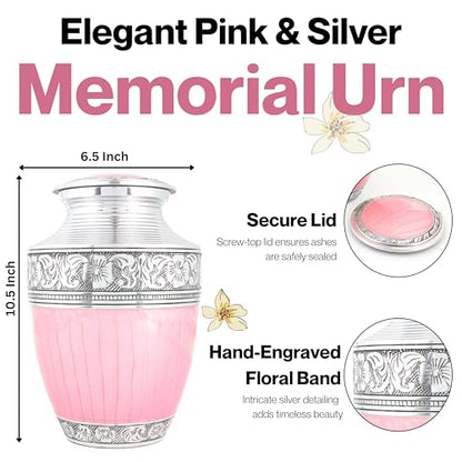 Alpha Living Home Cremation Urn for Human Ashes, 200+ cu in, Pink Silver - color: Pastel Silver, size: Hand Engraved