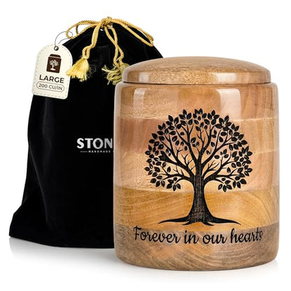 Large Wooden Cremation Urn for Human Ashes – 200 Cubic Inch Tree of Life Engraved Memorial Urn, Natural Wood, Adult Male Female - size: Large 200 Cu In