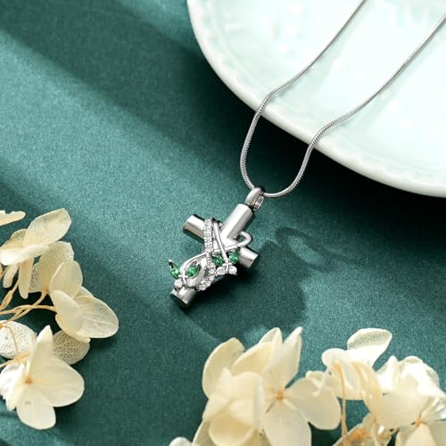 Butterfly Cross Cremation Jewelry Urn Necklaces Stainless Steel Cross Urn Necklaces for Ashes Memorial Keepsake Pendant for Women Gifts With Funnel Kit & Bag - color: Silver+Green