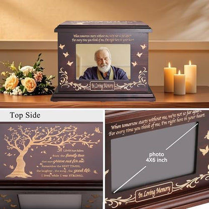 DGDCDV Cremation Urns for Human Ashes Male Female with Photo Frame | Large Wooden Memorial Urns for Adult Woman Men Human Ashes, Decorative Burial Funeral Urns Box and Caskets for Ashes