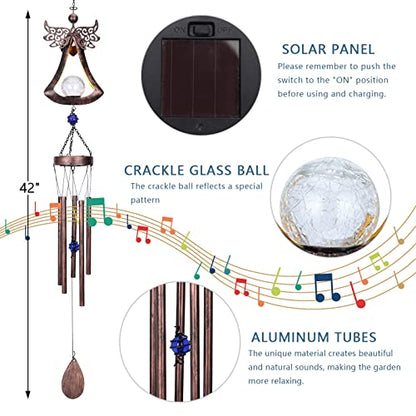 Taman Solar Wind Chime for Outside, Metal Angel Windchimes with LED Light - size: 42"