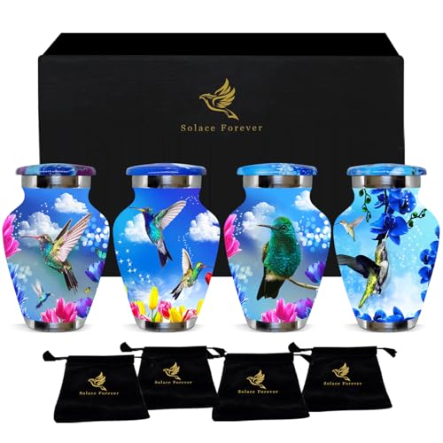Small Urns for Human Ashes Set of 4 - Hummingbird Urns for Male & Female - Mini Urns for Sharing Ashes - Honor Loved Ones with Love and Grace (Blue) - color: Blue
