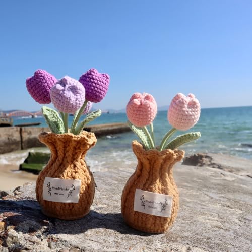 Tulip Crochet Flower Potted Plant Handmade Desk Decor Gift - color: D-tulip-purple