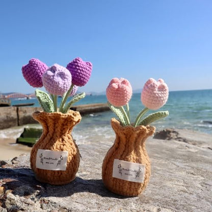 Tulip Crochet Flower Potted Plant Handmade Desk Decor Gift - color: D-tulip-purple