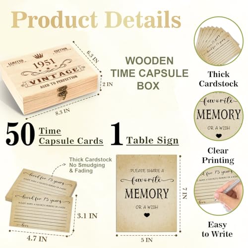 75th Birthday Party Share a Memory Set, 1951 Birthday Gifts for Women Men, 1951 Wooden Share A Memory Box with Memory Sign and 50 Pcs Memory Cards, 1951 Birthday Gifts, 75th Birthday Party Decorations - style: 75-1951