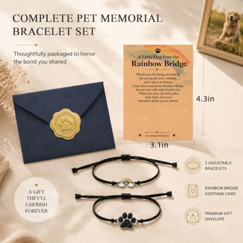 Pet Memorial Bracelet Set, Rainbow Bridge Pet Loss Sympathy Gift, Paw Print Bracelets, Dog Memorial Gifts for Loss of Dog or Cat, Keepsake for Pet Owners