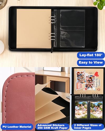 Leather Photo Album 4x6 200 Photos, DIY Scrapbook with 50 Sheets and 20 Blank Kraft Sheets, Travel Souvenir Diary Photo Book for Family Wedding Baby and Holiday Pictures - color: Pink
