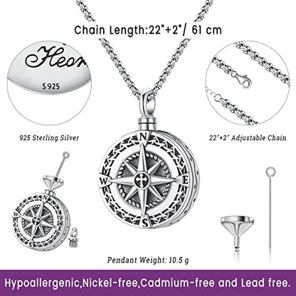 Compass Necklace for Women Men 925 Sterling Silver Pendant Urn Necklaces for Ashes Picture Locket Necklace Anchor Necklace Viking Necklace Crystals CZ Moonstone Abalone Shell Turquoise Compass Jewelry - color: T-N-Urn Necklace Holds Picture, style: Urn Ne