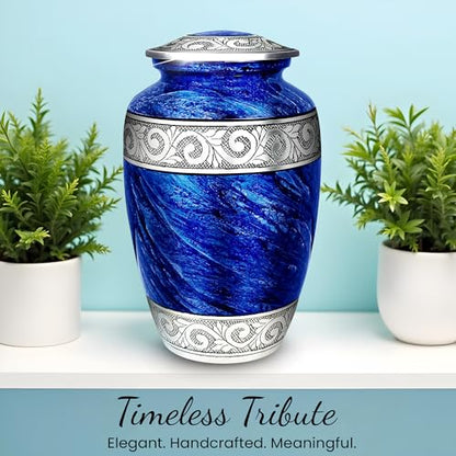 AmericUrn Set of 2 Eternal Blue Cremation Urn for Human Ashes – Adult Male & Female 1 Large Urn with 1 Memorial Necklace - color: Eternal Blue Single Urn Set