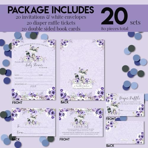 Baby Shower Invites for Girls – Raccoon Girl Baby Shower Invitation Bundle with Diaper Raffle Tickets, Book Request Cards & Envelopes. Set of 20 5X7 Watercolor Floral Invitation Kit Sets - style: Raccoon