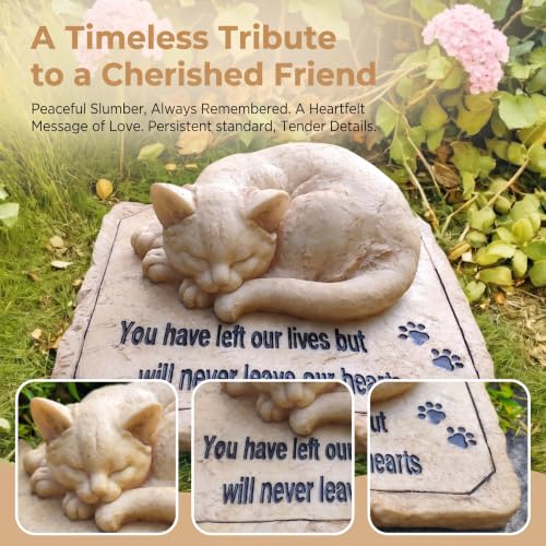 Cat Memorial Stones Grave Markers with A Sleeping Cat Statue on The Top - Cat Garden Stones Grave Stones Cemetery Markers Sympathy Cat Memorial Gifts Loss Gifts Outdoors, 8.5"x7"x3.5"