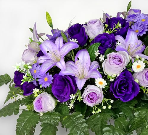 MUVIC Artificial Cemetery Flower for Grave,Headstone Flower Saddle -Purple Lily Rose Daisy, Easy Fit