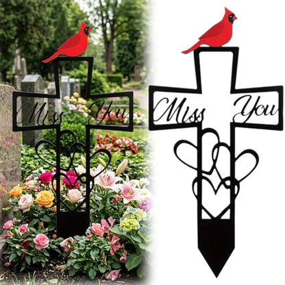 Miss You Cross with Cardinal, Metal Cemetery Memorial Plaque for Remembrance, Decorative Cemetery Stake with Heart and Cross Design, 6x12 Inch Outdoor Memorial Plaque for Graves and Gardens