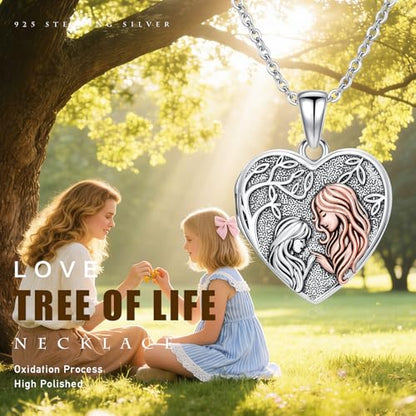Locket Necklace for Women 925 Sterling Silver Celtic Locket Pendant Necklace Moonstone/Turquoise/Black Agate Heart Shaped Locket Necklace Jewelry Gifts for Women - style: Heart Locket-Mom and Daughter