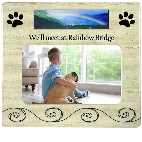 Pet Memorial Picture Frame for Dogs or Cats, “We’ll Meet at Rainbow Bridge” Sympathy Gift, Holds 4x6 Horizontal Photo, 8 x 7.25 Inch Bereavement Frame for Loss of Dog, Cat, Puppy or Kitty