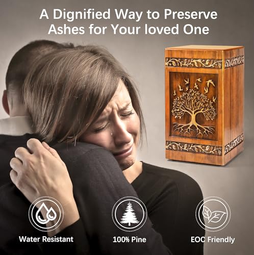 Wooden Cremation Urn for Human Ashes Adult Male Female 250 lbs, Engraved Tree of Life Decorative Funeral Urns Box and Casket for Ashes Men Women with Satin Bag Burial or Memorial(Tree of Life)
