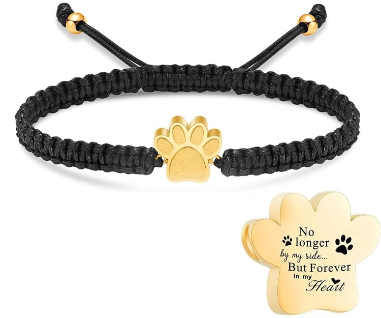 Hearbeingt Paw Print Urn Bracelet for Ashes Pet Cremation Jewelry | Stainless Steel,Adjustable Braided Rope,Mini Ash Holder for Dog Cat,Memorial Keepsake Jewelry, Bereavement Gift Pet Loss - color: B-Gold