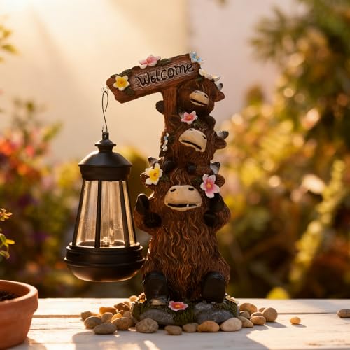 Solar Garden Statues Highland Cow Outdoor Decor Resin Highland Cow Figurine with LED Light Outside Lawn Yard Patio Balcony Gifts for Mom Women - size: 6*5*11 in