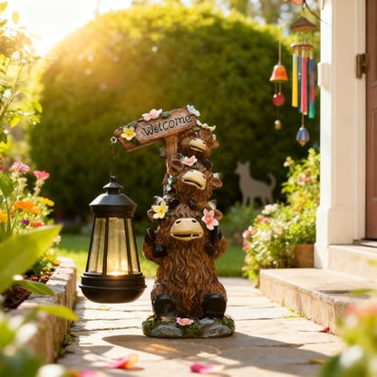 Solar Garden Statues Highland Cow Outdoor Decor Resin Highland Cow Figurine with LED Light Outside Lawn Yard Patio Balcony Gifts for Mom Women - size: 6*5*11 in