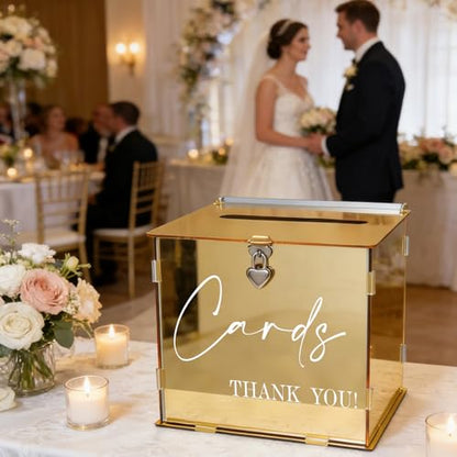 Gold Acrylic Card Box with Lock & Slot, Classy Golden Wedding Card Boxes for Reception, Luxury Monetary Envelope Gift Box for Party Graduation Birthday Anniversary Baby Shower All Occasions - color: Golden