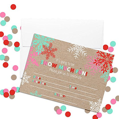 Snow Much Fun Snowflake Birthday Party Invitations, 20 5x7 Fill In Cards with Twenty White Envelopes by AmandaCreation - style: Snowflake