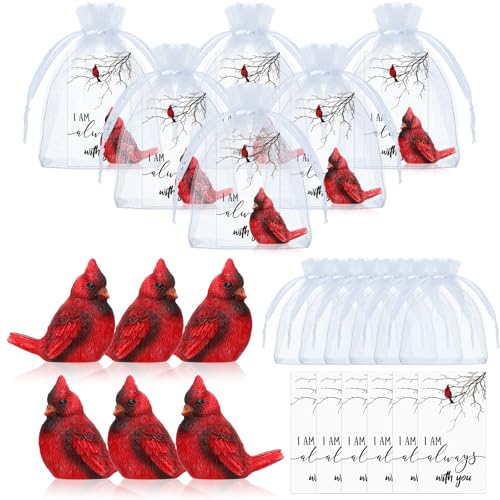 Roowest 18 Pcs Chrismas Cardinal Memorial Gift Set | Include Mini Red Cardinal Bird Statue Figures to Hide, Red Feathered Card, Organza Bag, For Memorial Gift, Christmas Decor
