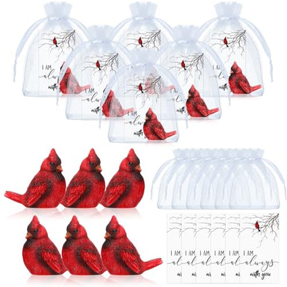 Roowest 18 Pcs Chrismas Cardinal Memorial Gift Set | Include Mini Red Cardinal Bird Statue Figures to Hide, Red Feathered Card, Organza Bag, For Memorial Gift, Christmas Decor