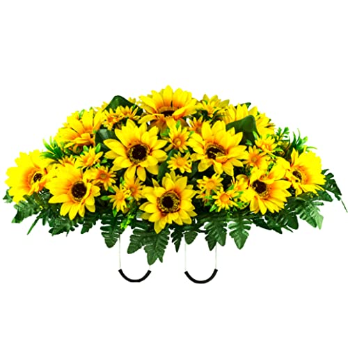 Sympathy Silks Artificial Cemetery Flowers - Grave Flowers for Cemetery - Yellow Sunflower Saddle for Headstone - size: 1 Saddle