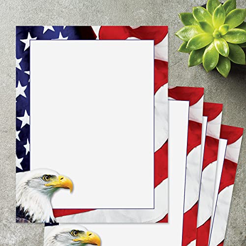 American Eagle Patriotic Letter Papers - Set of 25, American Flag stationery papers, 8 1/2" x 11", compatible computer paper, Patriotic Letterhead, 4th of July flyers, Veterans Day, Memorial Day - color: American Eagle