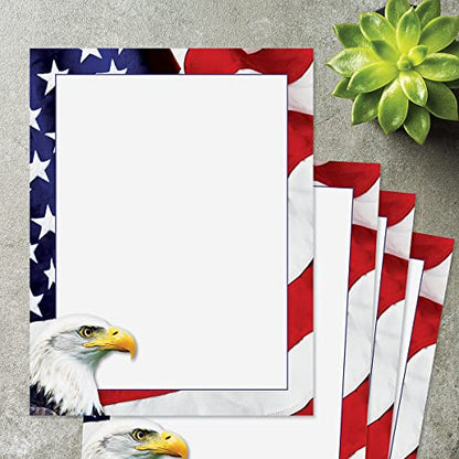American Eagle Patriotic Letter Papers - Set of 25, American Flag stationery papers, 8 1/2" x 11", compatible computer paper, Patriotic Letterhead, 4th of July flyers, Veterans Day, Memorial Day - color: American Eagle