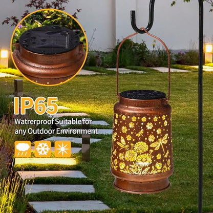 2 Pack Dragonfly Solar Lanterns Outdoor Waterproof Daisy Garden Decor Birthday Gifts for Women Mom Grandma Hanging Solar Lights Metal Lantern Decoration Outside for Porch,Patio,Yard,Backyard - style: P. 2 Pack Dragonfly Lantern
