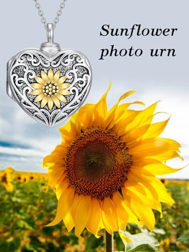 WINNICACA Cremation Jewelry for Ashes Locket Ashes Necklace Urn Necklace for Women Sterling Silver Cremation Necklace for Ashes Fine Keepsake Picture Necklace Memorial Jewelry - style: B03-Sunflower Urn Locket Necklace