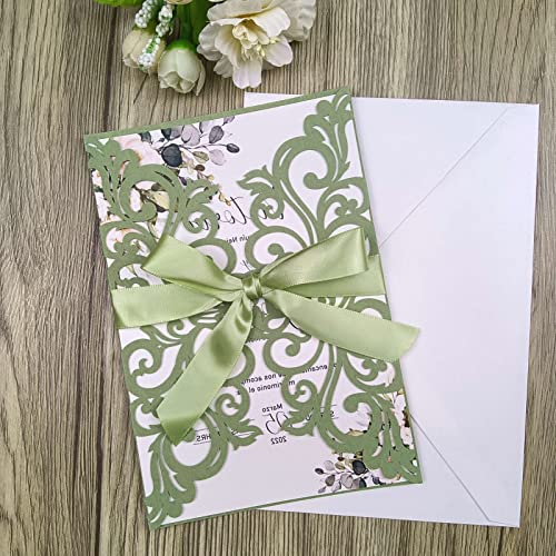 25PCS Laser Cut Wedding Invitations Cards with Envelopes,Blank Inner Sheets,Ribbons for Wedding Bridal Shower Quinceañera Engagement Birthday Invites (matte sage green) - color: matte sage green