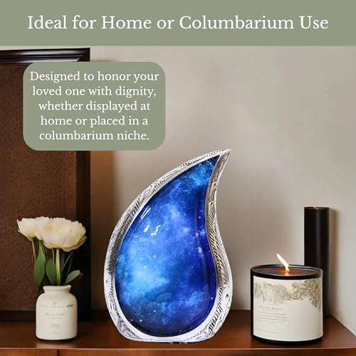 NORSE'S TRADECRAFT Teardrop Urn for Ashes Adult Male & Female with Blue Cosmic Swirl Design | Handcrafted Metal Cremation Urn with Velvet Bag | Memorial Gifts for Funeral - 60 cu in