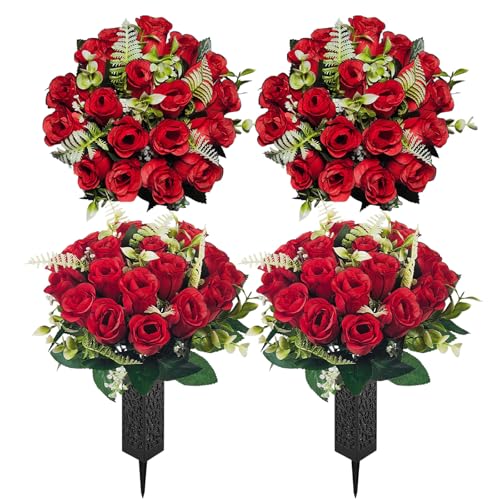 Mirevielyn 2-Pack 18-Stem Artificial Rose Cemetery Flowers with Vases | Artificial roses, fade-resistant color, stain-resistant material, outdoor memorial decor, gravesite arrangement - color: Red