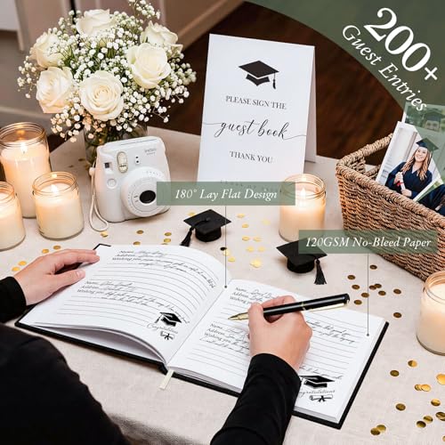 Lanpn Graduation Guest Book Class of 2026 with Pen & Table Sign, Leather Graduation Guest Sign in Books, Graduates Signature Book, Keepsake Memory Books for College High School Grad Party, Black