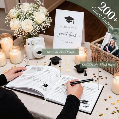 Lanpn Graduation Guest Book Class of 2026 with Pen & Table Sign, Leather Graduation Guest Sign in Books, Graduates Signature Book, Keepsake Memory Books for College High School Grad Party, Black
