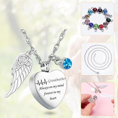 Gredstar Heart Urn Necklace for Ashes, ECG Memorial Pendant | Heartbeat Line, Angel Wing, 12 Birthstones, Stainless Steel, Screw Closure, Funnel & Box Included - style: Grandmother