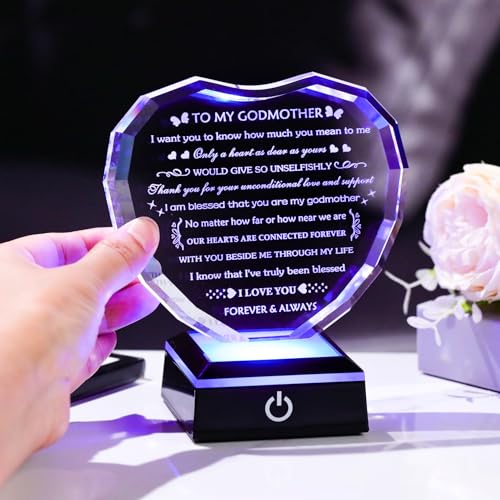 Arikyrist Godmother Gifts from Godchild with Colorful Light Base, Birthday Gift for Godmother Crystal Heart Keepsake, To My Godmothers Gifts from Goddaughter Godson on Mothers Day Christmas - style: Godmother Gifts + Light Base